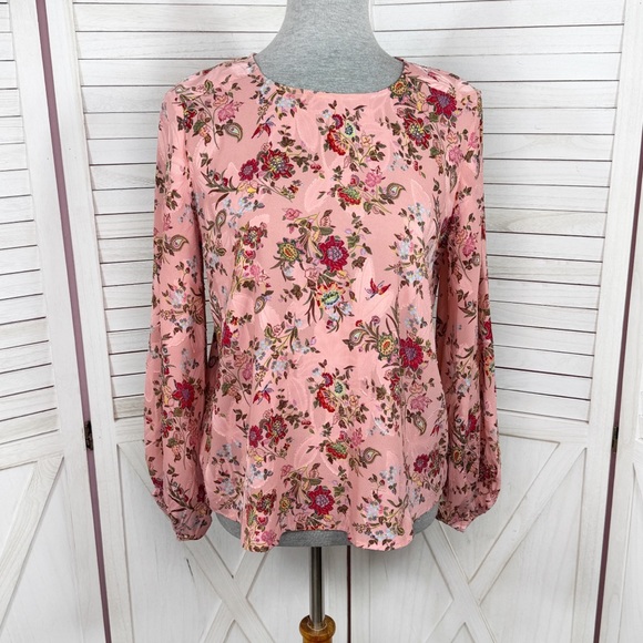 LOFT Tops - Loft Floral‎ Jacquard Ballon Sleeve Blouse Pink Satin Boho Career Cottagecore S